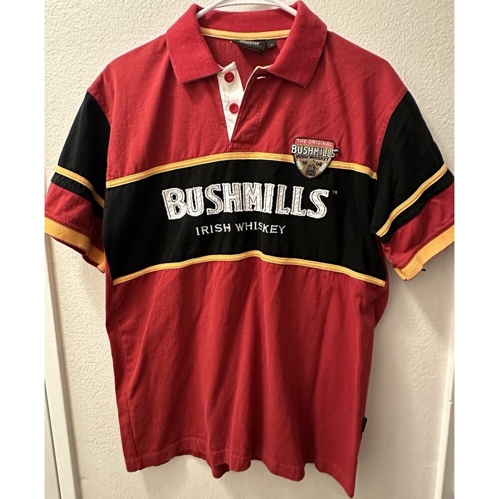 Bushmills Distillery Advertising Polo Shirt Red Black Yellow White Irish Whiskey